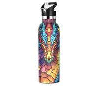 Mnsruu Dragon Boho Colorful Stained Glass Water Bottle Stainless Steel Drink Flask with Straw Cap Insulated Bottle for Boys Girls Sports 20 oz (600 ml)
