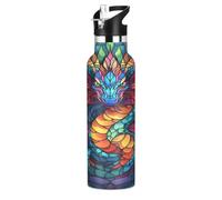 Mnsruu Dragon Colorful Rainbow Glass Water Bottle Stainless Steel Drink Flask with Straw Cap Insulated Bottle for Boys Girls Sports 20 oz (600 ml)