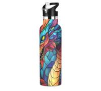 Mnsruu Dragon Colorful Stained Glass Water Bottle Stainless Steel Drink Flask with Straw Cap Insulated Bottle for Boys Girls Sports 20 oz (600 ml)
