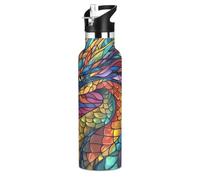 Mnsruu Dragon Head Boho Colorful Stained Glass Water Bottle Stainless Steel Drink Flask with Straw Cap Insulated Bottle for Boys Girls Sports 20 oz (600 ml)