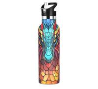 Mnsruu Dragon Head Colorful Stained Glass Water Bottle Stainless Steel Drink Flask with Straw Cap Insulated Bottle for Boys Girls Sports 20 oz (600 ml)