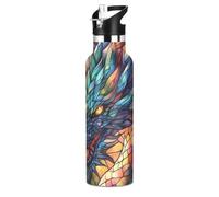 Mnsruu Dragon Head Stained Glass Colorful Water Bottle Stainless Steel Drink Flask with Straw Cap Insulated Bottle for Boys Girls Sports 20 oz (600 ml)
