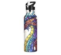 Mnsruu Dragon Stained Glass Colorful Boho Water Bottle Stainless Steel Drink Flask with Straw Cap Insulated Bottle for Boys Girls Sports 20 oz (600 ml)