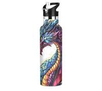 Mnsruu Dragon Stained Glass Colorful Pattern Water Bottle Stainless Steel Drink Flask with Straw Cap Insulated Bottle for Boys Girls Sports 20 oz (600 ml)