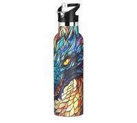 Mnsruu Dragon Stained Glass Colorful Print Water Bottle Stainless Steel Drink Flask with Straw Cap Insulated Bottle for Boys Girls Sports 20 oz (600 ml)