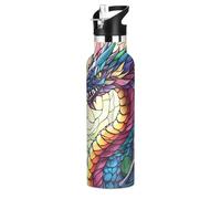 Mnsruu Dragon Stained Glass Colorful Water Bottle Stainless Steel Drink Flask with Straw Cap Insulated Bottle for Boys Girls Sports 20 oz (600 ml)