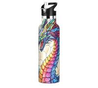 Mnsruu Dragon Stained Glass Colorful Wing Water Bottle Stainless Steel Drink Flask with Straw Cap Insulated Bottle for Boys Girls Sports 20 oz (600 ml)