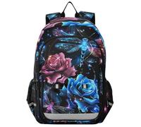 Mnsruu Dragonfly Backpack for Boys Girls, Colorful Dragonflies Red Roses Backpack Students Bookbag Daypack for School Primary Teens