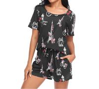 Mnsruu Eiffel Tower Bike Womens Pyjamas Sets Short Sleeves, Ladies Pajamas Pjs Set Loungewear with Pocket Size L