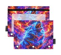 Mnsruu Electric Wolf Howling Amidst Lightning Storm Pencil Pouch for 3 Ring Binder, 2 PCS Binder Pencil Pouch with Zipper, Clear Window Zipper Pencil Case Pencil Bags for School Office Supplies