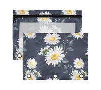 Mnsruu Elegant White Daisy and Leaves 3 Rings Binder Pouch Pencil Case, 2 Pack Pencil Pouches with Zipper, Clear Window Cosmetic Bag
