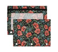 Mnsruu Embroidery Red Poppies Forget-me-nots 3 Rings Binder Pouch Pencil Case, 2 Pack Pencil Pouches with Zipper, Clear Window Cosmetic Bag