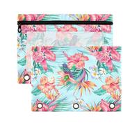 Mnsruu Exotic Flowers Hibiscus Hummingbird 3 Rings Binder Pouch Pencil Case, 2 Pack Pencil Pouches with Zipper, Clear Window Cosmetic Bag