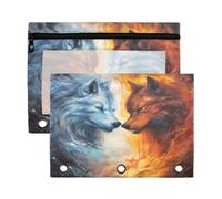 Mnsruu Fire Ice Wolf Watercolor 3 Rings Binder Pouch Pencil Case, 2 Pack Pencil Pouches with Zipper, Clear Window Cosmetic Bag
