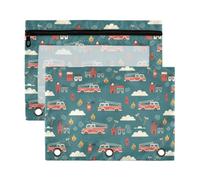 Mnsruu Fire Truck Green 3 Rings Binder Pouch Pencil Case, 2 Pack Pencil Pouches with Zipper, Clear Window Cosmetic Bag