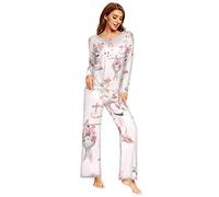 Mnsruu Flamingo Rabbit Bunny Flower Pajamas Set for Women 2 Piece Long Sleeve Sleepwear Nightwear Lounge Sets L Multicolor
