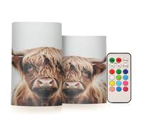 Mnsruu Flickering Flameless Candles Brown Highland Cattle Cow LED Candles with Remote Timer Set of 2 Battery Operated Candle Home Decoration