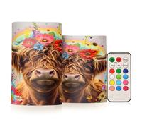 Mnsruu Flickering Flameless Candles Highland Cow Flowers LED Candles with Remote Timer Set of 2 Battery Operated Candle Home Decoration