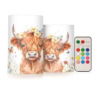 Mnsruu Flickering Flameless Candles Highland Cow with Butterflies LED Candles with Remote Timer Set of 2 Battery Operated Candle Home Decoration