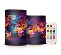 Mnsruu Flickering Flameless Candles World Map Galaxy LED Candles with Remote Timer Set of 2 Battery Operated Candle Home Decoration