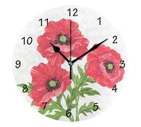Mnsruu Floral Wall Clock Non Ticking Silent Clocks,Battery Operated Decorative Round Wall Clock 25 CM for Kitchen, Living Room, Poppy Flowers with Bud and Leaves aaq12