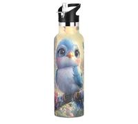 Mnsruu Flower Blue Bird Butterfly Water Bottle Stainless Steel Drink Flask with Straw Cap Insulated Bottle for Boys Girls Sports 20 oz (600 ml)