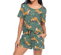 Mnsruu Forest Wildlife Foxes Womens Pyjamas Sets Short Sleeves, Ladies Pajamas Pjs Set Loungewear with Pocket Size XL