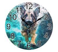 Mnsruu German Shepherd Dog Underwater Wall Clock Non Ticking Silent Kitchen Clock Battery Operated Clocks Round Decorative for Living Room Bedroom Bathroom Home Office