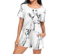 Mnsruu Giraffe Portrait Sketch Womens Pyjamas Sets Short Sleeves, Ladies Pajamas Pjs Set Loungewear with Pocket Size L