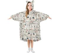Mnsruu Girls Oversized Blanket Hoodie, Cat Pattern Cute Kitten Warm Fleece Sweatshirt Plush Wearable, Front Roomy Pocket, Cute Ear Cap, M White