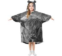 Mnsruu Girls Oversized Blanket Hoodie, Cattle Cow Highland Warm Fleece Sweatshirt Plush Wearable, Front Roomy Pocket, Cute Ear Cap, S White