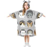 Mnsruu Girls Oversized Blanket Hoodie, Cute Cat Kitten Animal Print Warm Fleece Sweatshirt Plush Wearable, Front Roomy Pocket, Cute Ear Cap, S White, 120