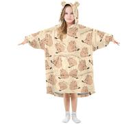 Mnsruu Girls Oversized Blanket Hoodie Poppies Capybara Brown Kids Wearable Blanket Soft Warm Fleece Hooded Sweatshirt Front Big Pocket Pullover Hoody