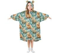Mnsruu Girls Oversized Blanket Hoodie Poppies Capybara Flower Leaves Pattern Kids Wearable Blanket Soft Warm Fleece Hooded Sweatshirt Front Big Pocket Pullover Hoody
