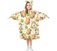 Mnsruu Girls Oversized Blanket Hoodie Poppies Capybara Green Kids Wearable Blanket Soft Warm Fleece Hooded Sweatshirt Front Big Pocket Pullover Hoody