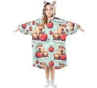 Mnsruu Girls Oversized Blanket Hoodie Poppies Capybara Red Kids Wearable Blanket Soft Warm Fleece Hooded Sweatshirt Front Big Pocket Pullover Hoody