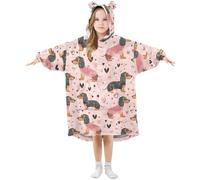 Mnsruu Girls Oversized Blanket Hoodie Poppies Dachshund Dogs Pink Hooded Blanket for Kids Boys Wearable Blanket Soft Warm Fleece Front Big Pocket