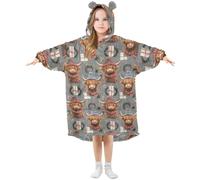Mnsruu Girls Oversized Blanket Hoodie Poppies Highland Cow Christmas Scarf Hat Gifts Pattern Kids Wearable Blanket Soft Warm Fleece Hooded Sweatshirt Front Big Pocket Pullover Hoody