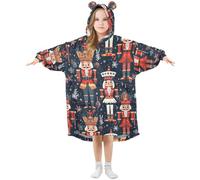 Mnsruu Girls Oversized Blanket Hoodie Poppies Nutcracker Christmas Blue Kids Wearable Blanket Soft Warm Fleece Hooded Sweatshirt Front Big Pocket Pullover Hoody