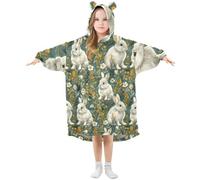 Mnsruu Girls Oversized Blanket Hoodie Poppies Rabbit Bunny Green Grass Hooded Blanket for Kids Boys Wearable Blanket Soft Warm Fleece Front Big Pocket