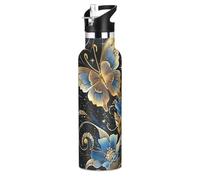 Mnsruu Golden Butterfly Blue Flower Water Bottle Stainless Steel Drink Flask with Straw Cap Insulated Bottle for Boys Girls Sports 20 oz (600 ml)
