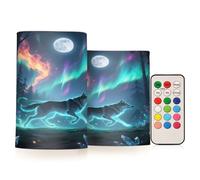Mnsruu Green Aurora Wolf Flameless Pillar Candles with Remote Timer Battery Operated LED Candle Color Changing