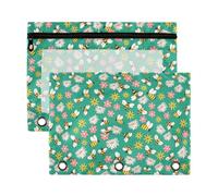 Mnsruu Green Flower Bees 3 Rings Binder Pouch Pencil Case, 2 Pack Pencil Pouches with Zipper, Clear Window Cosmetic Bag