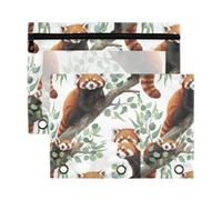Mnsruu Green Leaves Red Panda 3 Rings Binder Pouch Pencil Case, 2 Pack Pencil Pouches with Zipper, Clear Window Cosmetic Bag