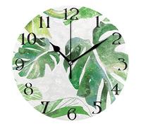 Mnsruu Green Palm Leaf Monstera Wall Clock Silent Non-Ticking Round Wall Clock 25cm Easy to Read Decorative Clocks for Living Room Dinning Kitchen Home Battery Operated