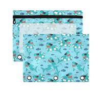 Mnsruu Green Shark Fish 3 Rings Binder Pouch Pencil Case, 2 Pack Pencil Pouches with Zipper, Clear Window Cosmetic Bag
