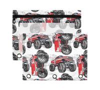 Mnsruu Hand Drawn Red Truck 3 Rings Binder Pouch Pencil Case, 2 Pack Pencil Pouches with Zipper, Clear Window Cosmetic Bag