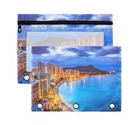 Mnsruu Hawaii Beach Twilight City View 3 Rings Binder Pouch Pencil Case, 2 Pack Pencil Pouches with Zipper, Clear Window Cosmetic Bag