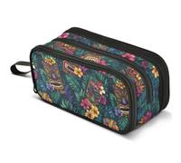 Mnsruu Hawaiian Tropical Tiki Pencil Case Large Capacity Pen Pouch Pencil Bag with 3 Compartments Pen Holder Organizer Stationery Bag