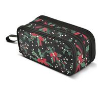 Mnsruu Holly Leave Red Bows Pencil Case Large Capacity Pen Pouch Pencil Bag with 3 Compartments Pen Holder Organizer Stationery Bag